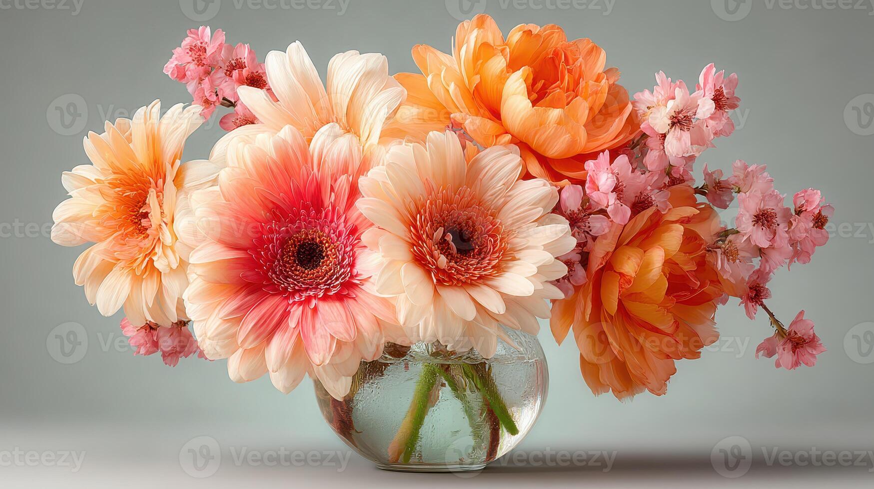 Beautiful floral arrangement featuring pink gerberas and peach ranunculus on a neutral background photo