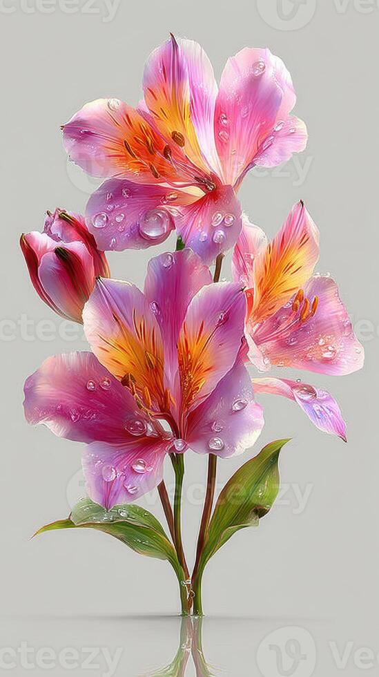 Beautiful alstroemeria flowers with water droplets captured in detail against a grey background photo