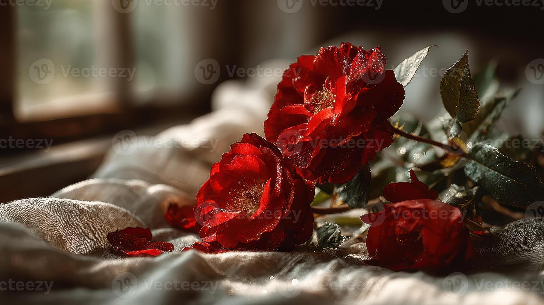 Beautiful red roses placed on a soft fabric near a window in warm afternoon light photo