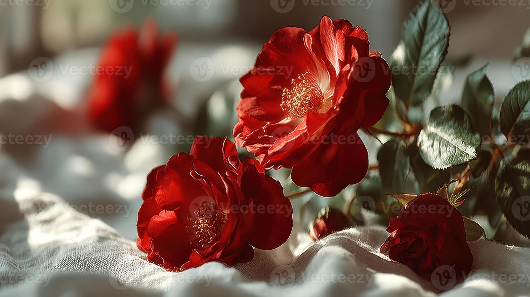 Red roses arranged on soft fabric create a romantic atmosphere in a softly lit room during morning hours photo
