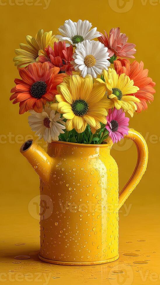 Brightly colored flowers in a yellow watering can against a vibrant background photo