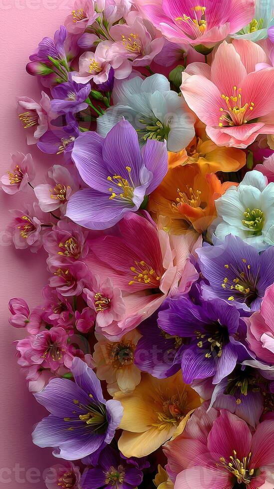 Bright and colorful flower arrangement on a soft pink background showcasing various blooms in springtime beauty photo
