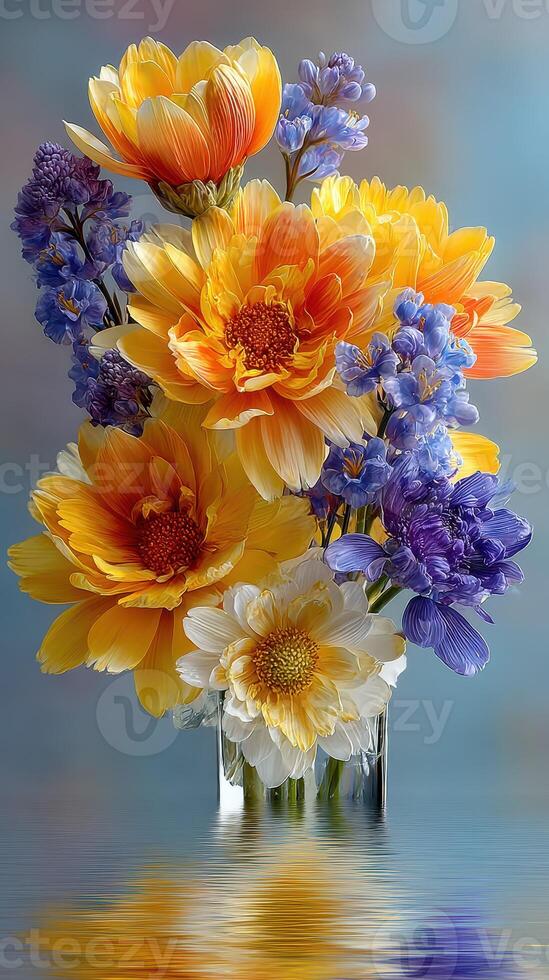 Bright flowers in a glass vase reflecting vibrant colors in a serene setting during springtime photo