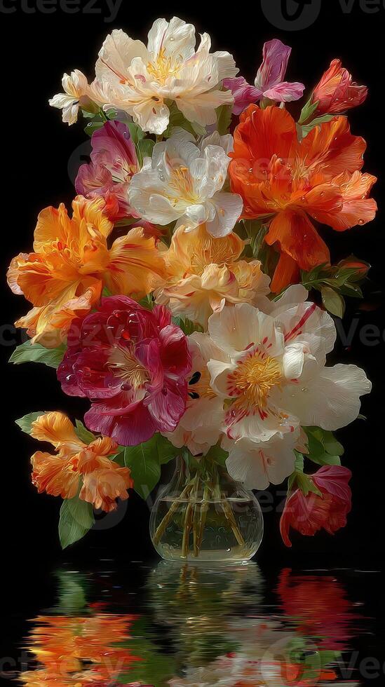 Vibrant floral arrangement showcasing colorful blooms in a glass vase reflecting on a dark surface photo