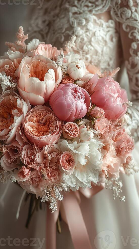 Delicate bridal bouquet featuring pink and coral flowers with soft greenery, captured in intimate setting before wedding ceremony photo