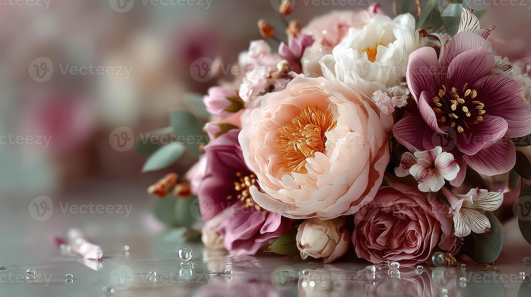 Beautiful bouquet of flowers with peonies and roses arranged elegantly on a reflective surface during morning light photo