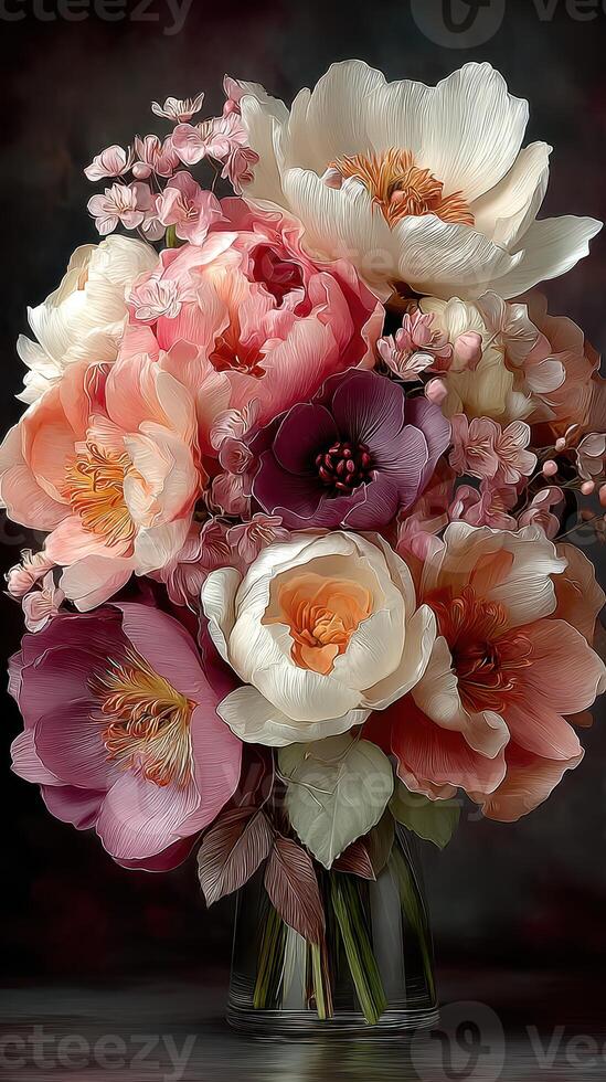 Vibrant floral arrangement showcasing peonies and blossoms in a glass vase on a dark background photo