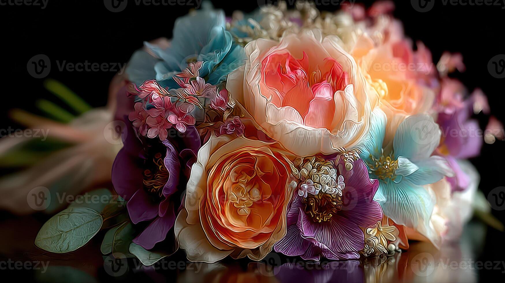 Beautifully arranged floral bouquet featuring vibrant roses and assorted flowers in soft pastels photo