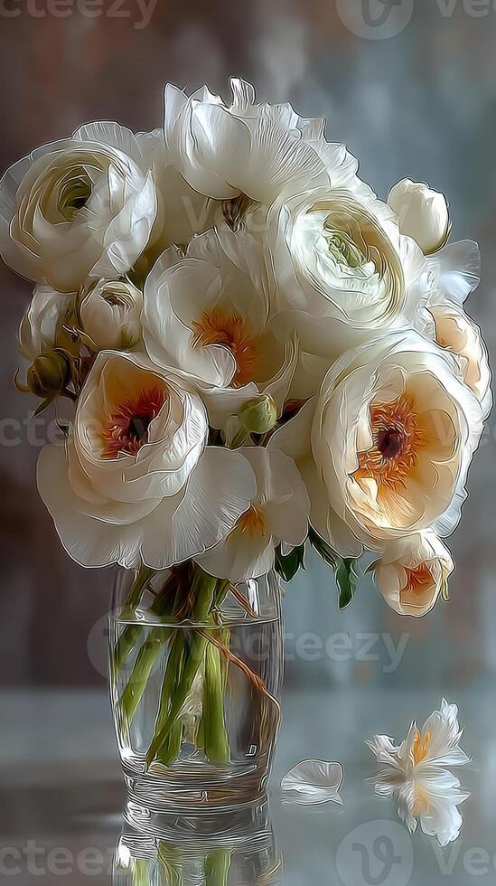 Elegant white flowers in glass vase with soft petals and warm highlights on a subtle background photo