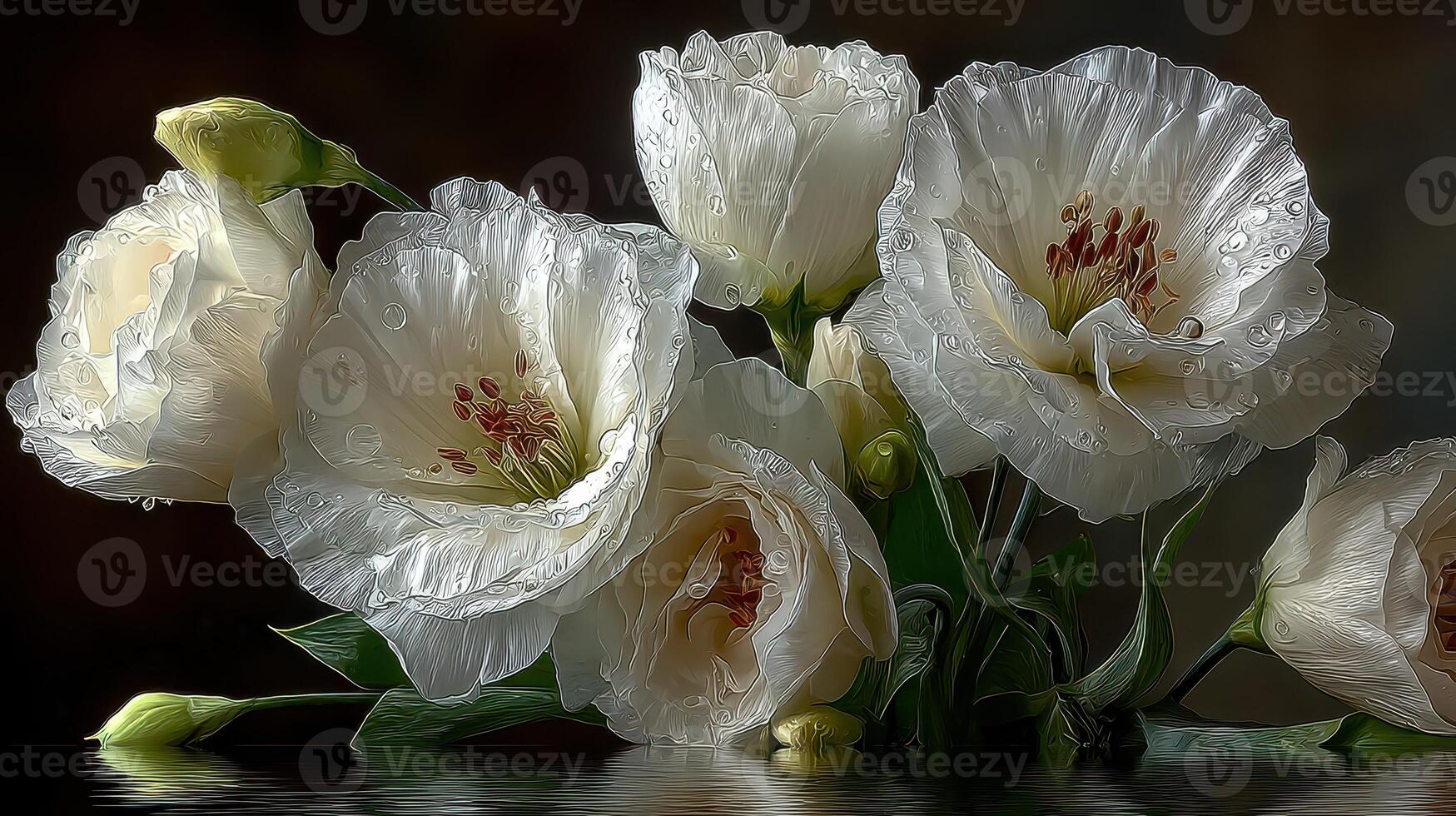 White flowers with raindrops resting on a reflective surface in a tranquil setting photo