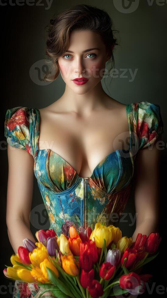 Elegant woman holding a vibrant bouquet of tulips while dressed in a floral corset in a soft-lit setting photo