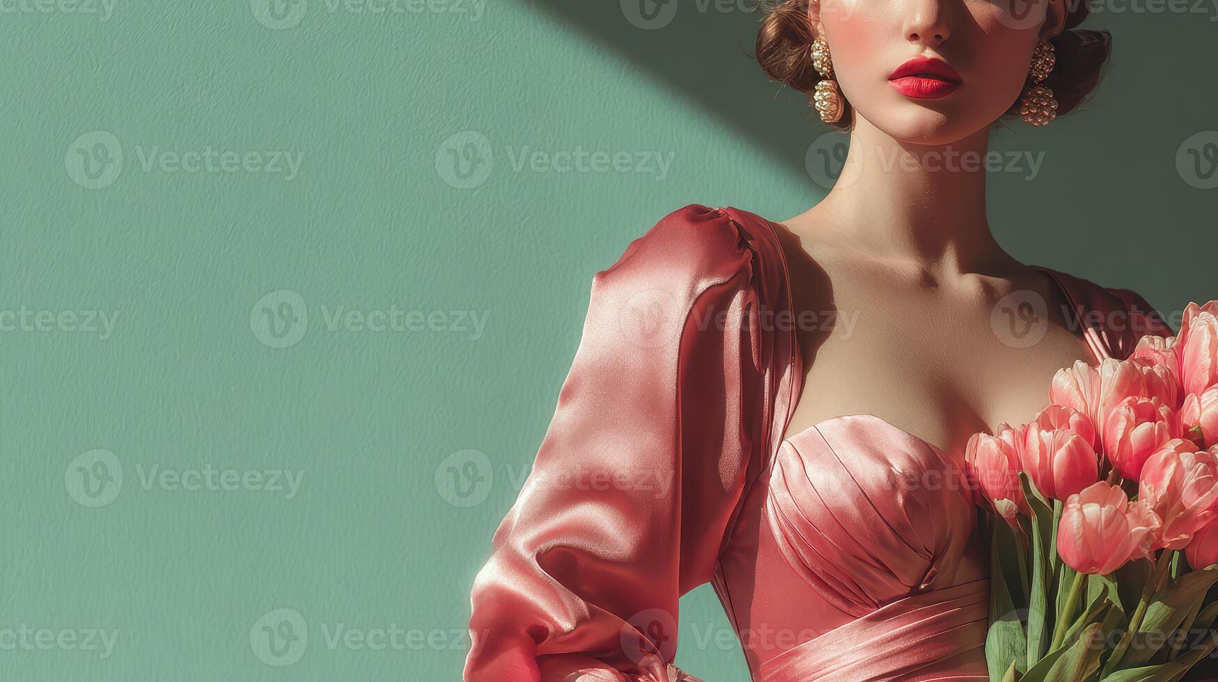 Elegant woman in coral dress holding tulips against a teal backdrop during a spring photoshoot photo