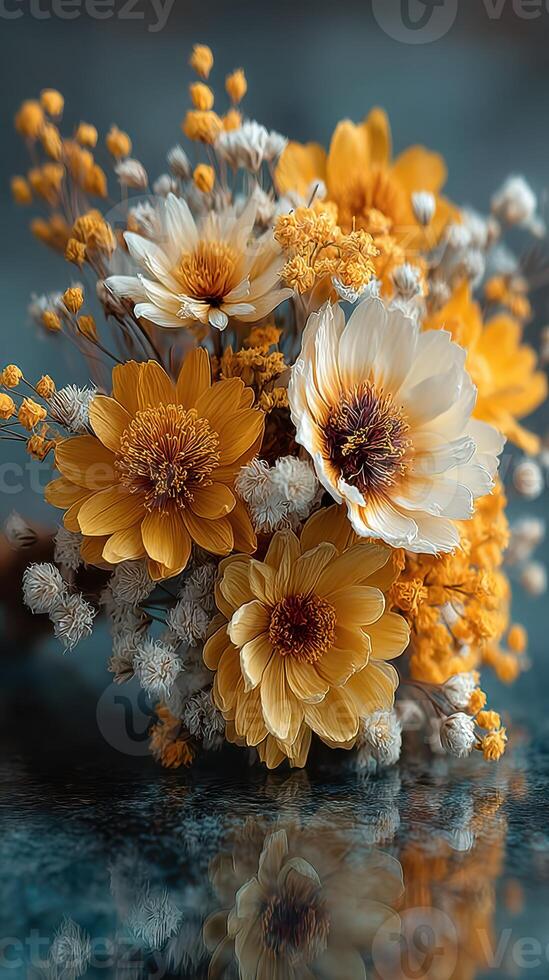Beautiful arrangement of yellow and white flowers on a reflective surface in a serene setting photo