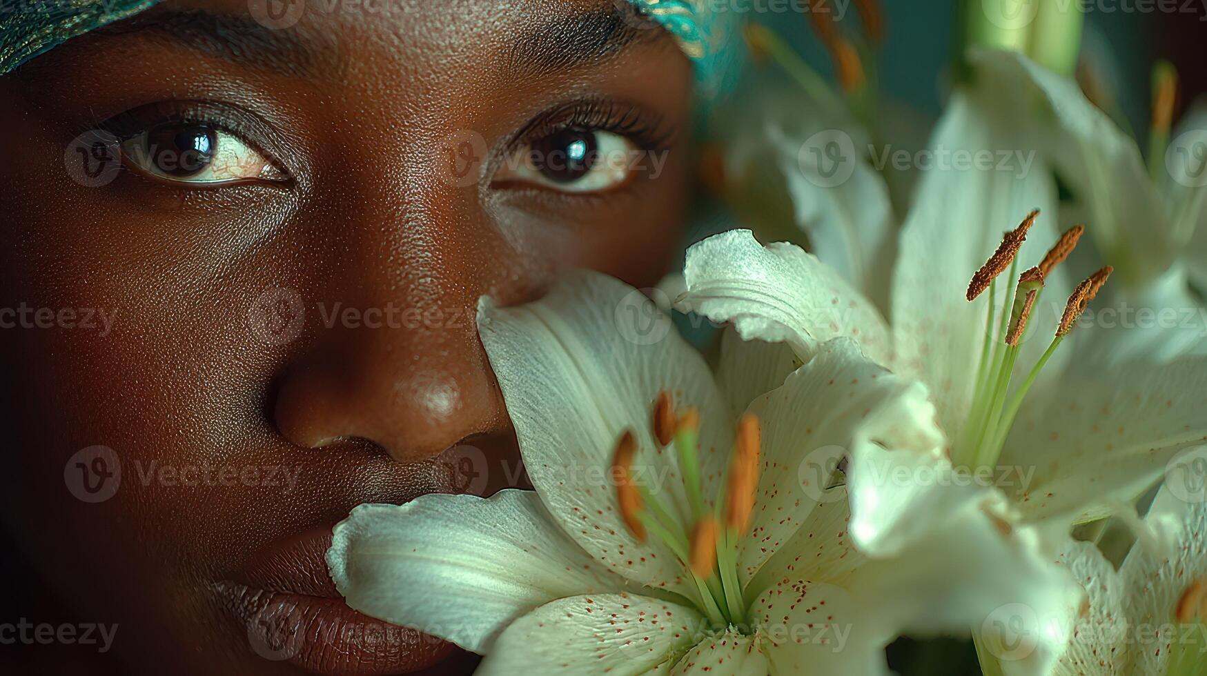 Close-up of a woman with deep brown eyes surrounded by white lilies in a serene indoor setting during the afternoon photo