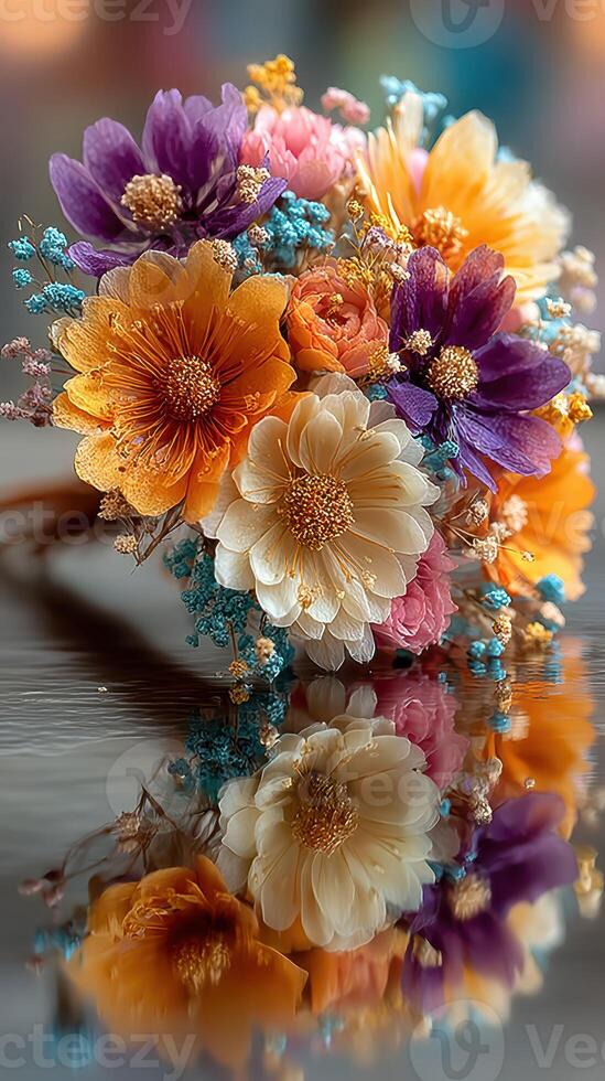 Brightly colored flower bouquet resting on reflective surface in soft lighting photo