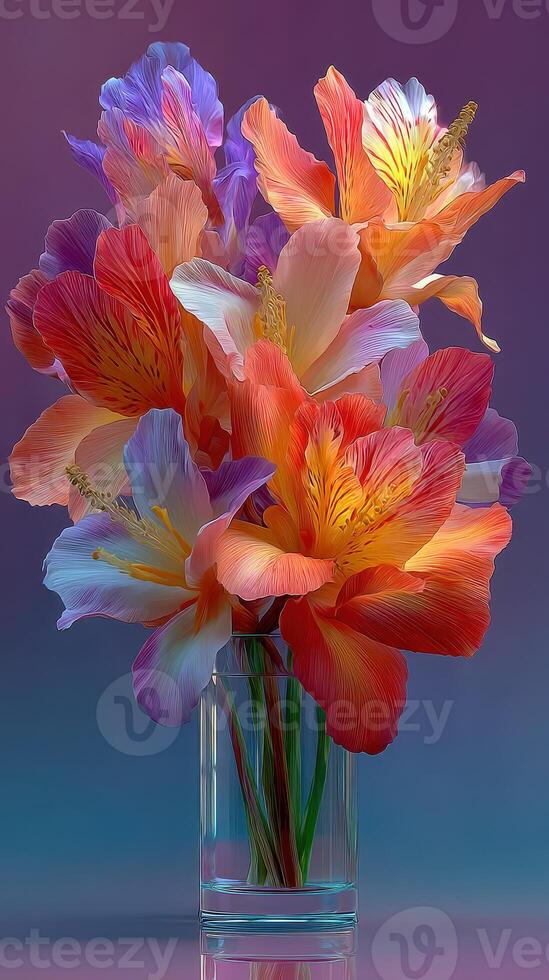 Vibrant arrangement of colorful flowers in a glass vase against a soft gradient background photo
