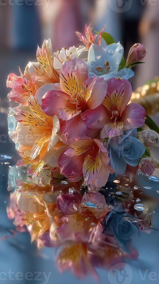 Beautiful bouquet of pink and blue flowers resting on a reflective surface with water droplets during a sunny event photo