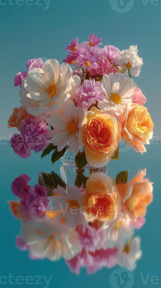 Bright bouquet of colorful flowers reflecting beautifully on a serene surface in vibrant daylight photo