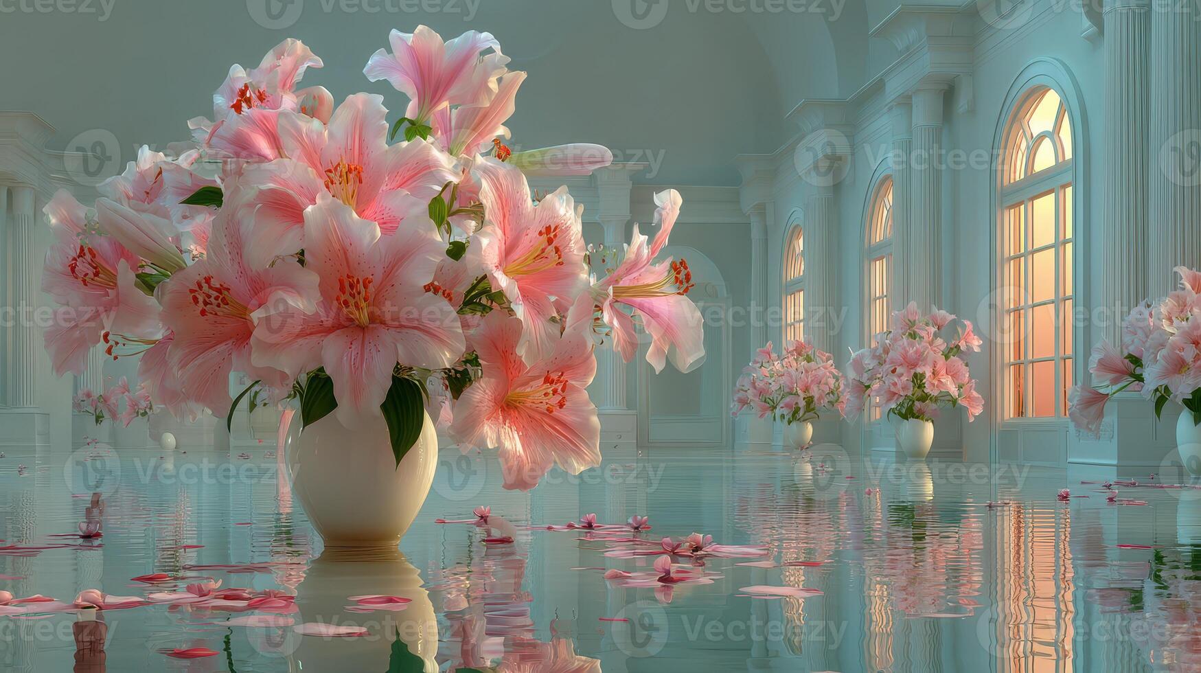 Beautiful pink lilies in an elegant indoor setting with reflections on water surfaces during soft evening light photo