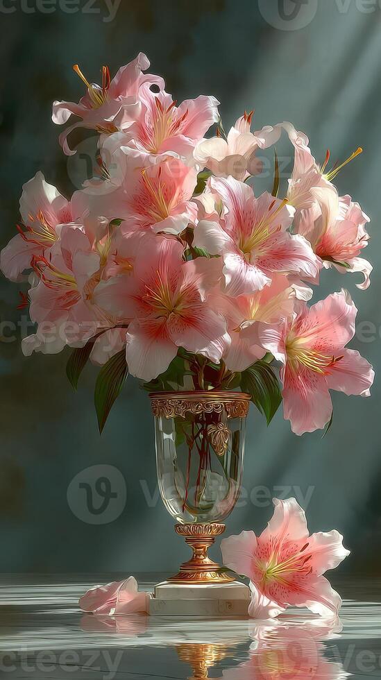 Beautiful pink lilies in an elegant vase create a serene ambiance in a soft light setting photo