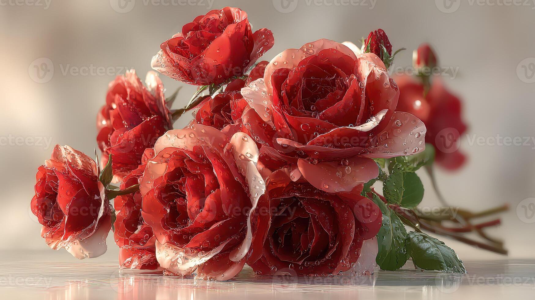 Fresh red roses with droplets arranged artfully in a serene setting during morning light photo