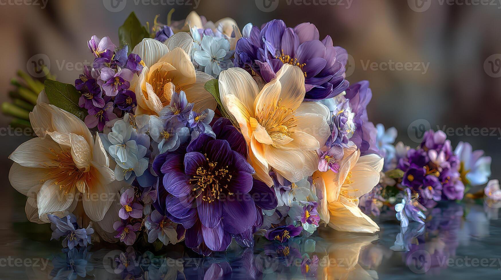 Colorful assortment of blooming flowers arranged beautifully on a reflective surface photo