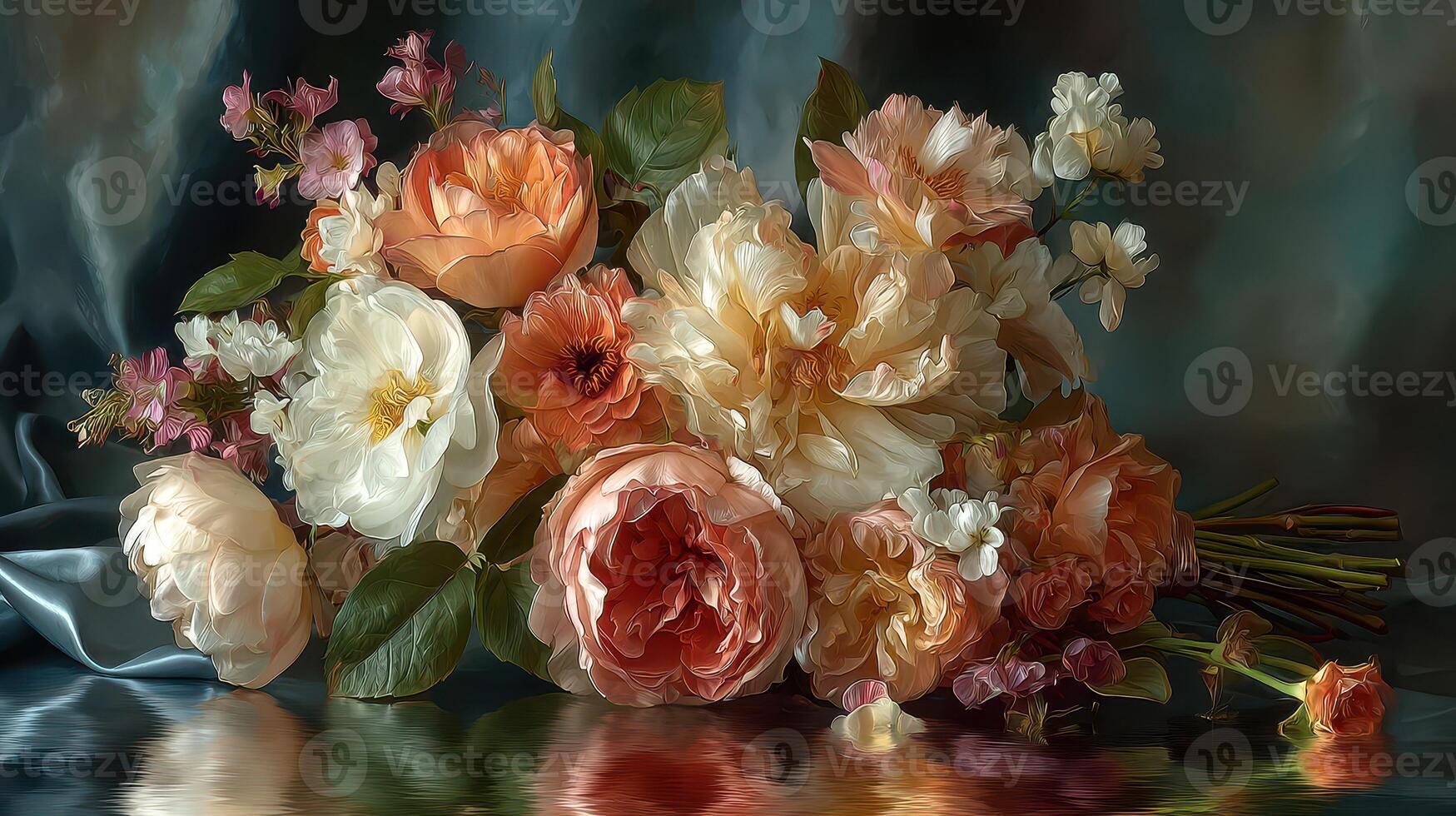 Beautiful bouquet of soft pastel flowers arranged on a silk fabric surface photo