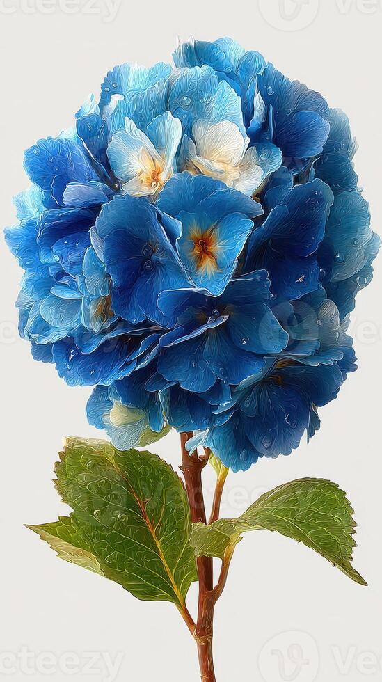 Bright blue hydrangea flower with detailed petals and green leaves against a light background photo