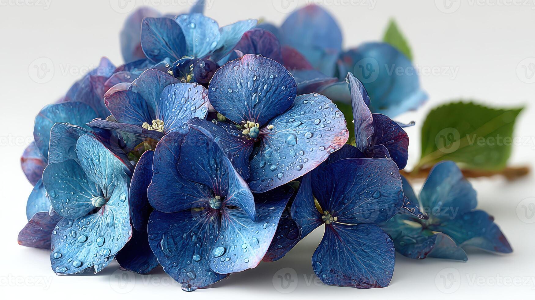 Beautiful blue hydrangea flowers with water droplets on petals in a serene setting during early morning photo