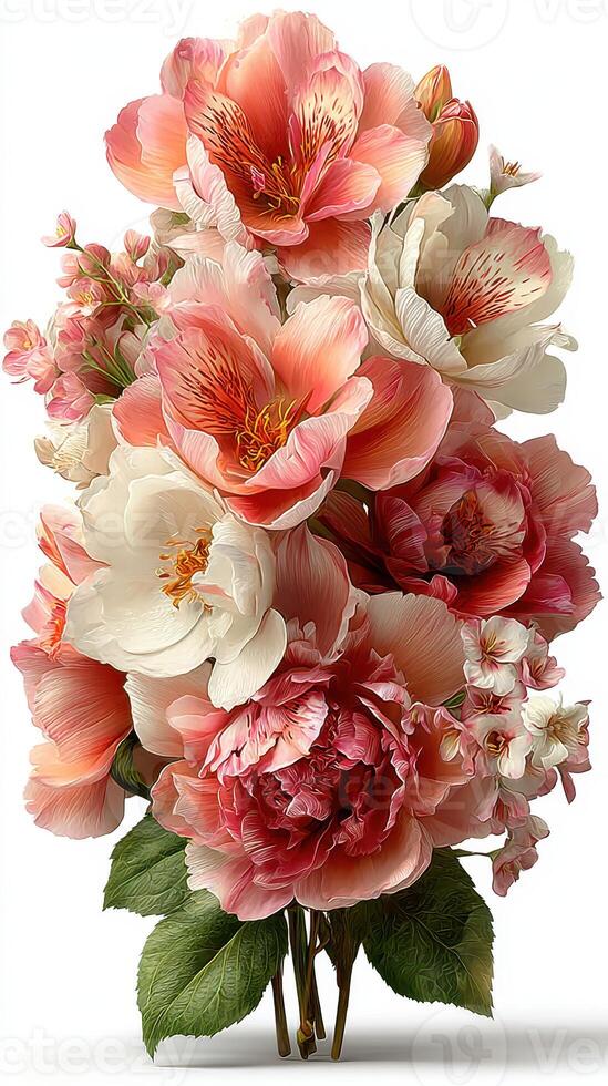 Beautiful bouquet of pink and white flowers arranged with vibrant colors and intricate details in a bright setting photo