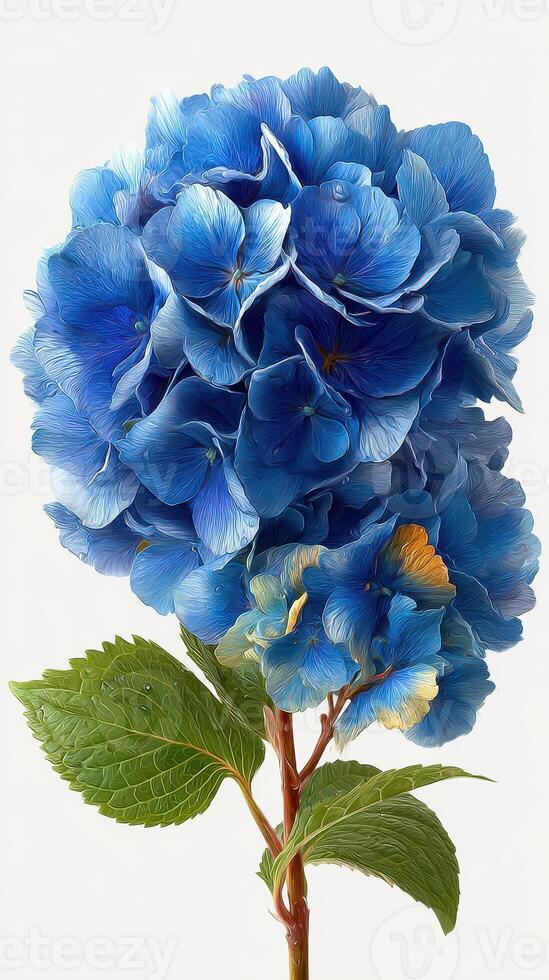 Beautiful blue hydrangea in full bloom showcasing intricate petal details and lush green leaves on a plain background photo
