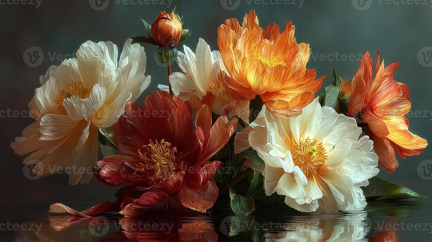 Colorful peonies in bloom creating a vibrant floral arrangement on a tranquil surface photo