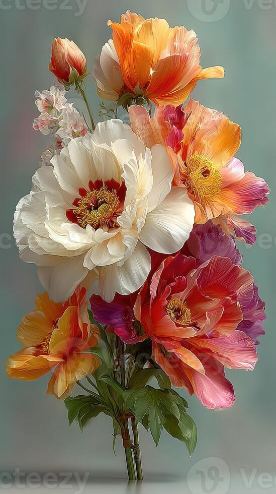 Vibrant bouquet of peonies and poppies in mixed colors arranged artistically for a cheerful display photo