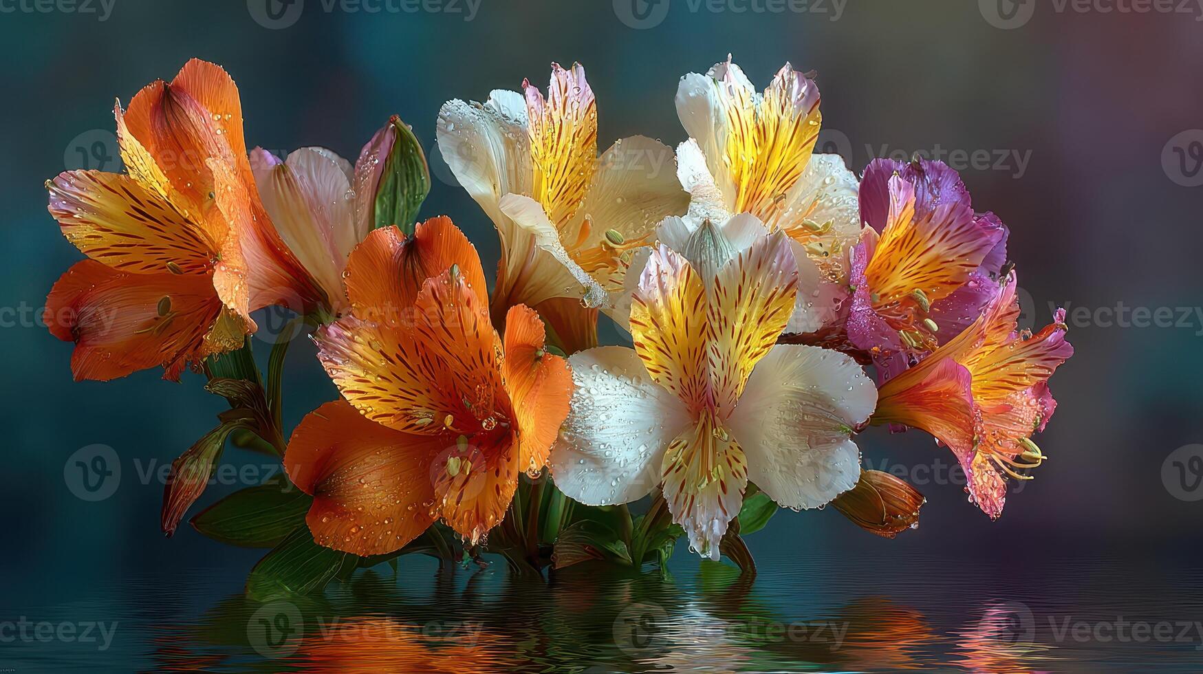 Vibrant alstroemeria flowers in various colors arranged elegantly with dewdrops reflecting light in a serene setting photo