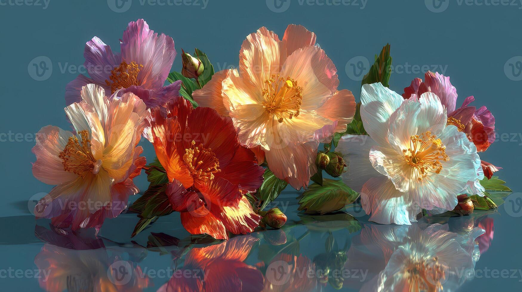 Bright and colorful flowers arranged beautifully on a reflective surface capturing the essence of spring and nature's beauty photo