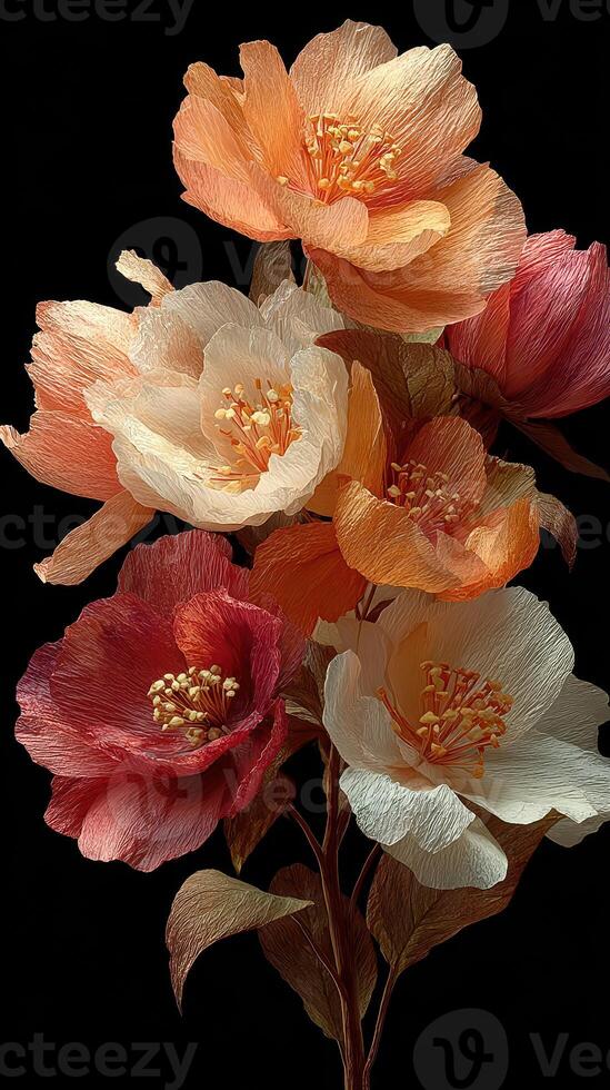 Beautifully crafted paper flowers in various colors displayed against a black background photo