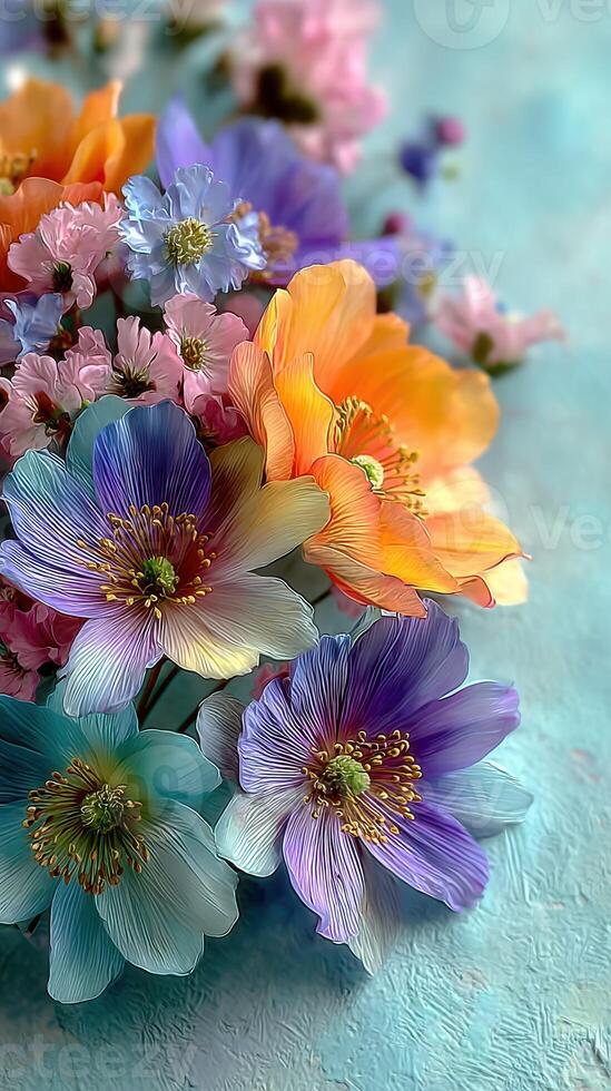 Colorful spring bouquet arrangement with various flowers on a blue background photo