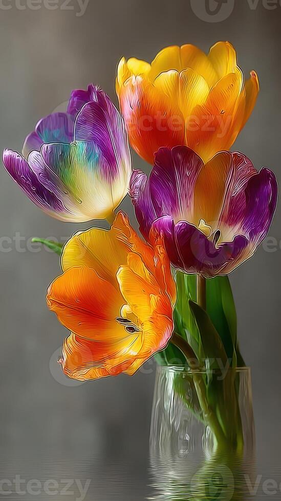Colorful tulips in a clear vase brighten up a room with their vibrant hues and delicate petals during springtime photo