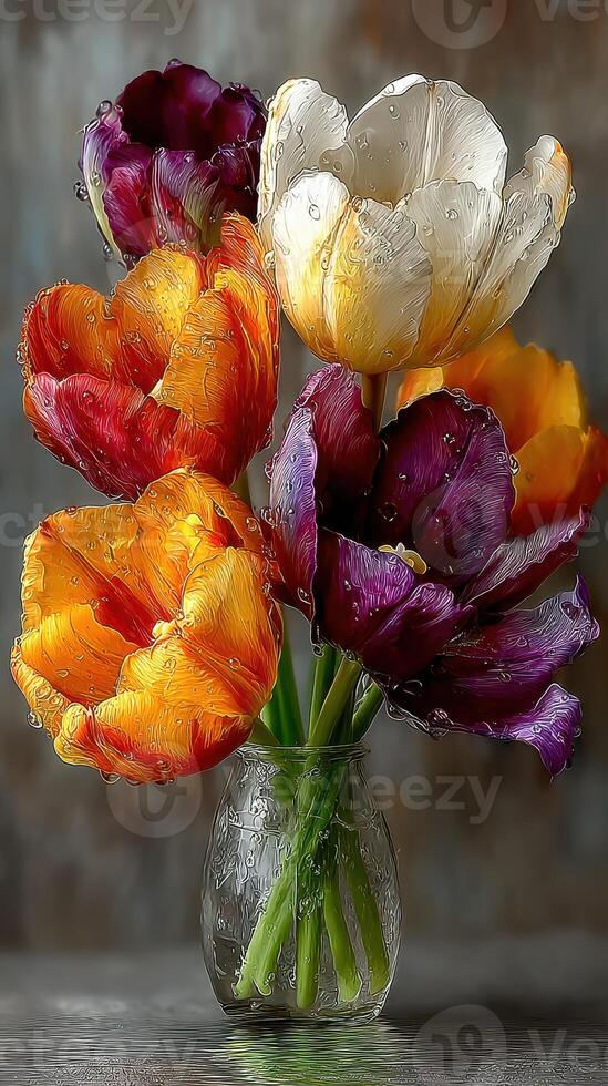 Colorful bouquet of tulips in a clear vase against a textured background showcasing floral beauty and freshness photo