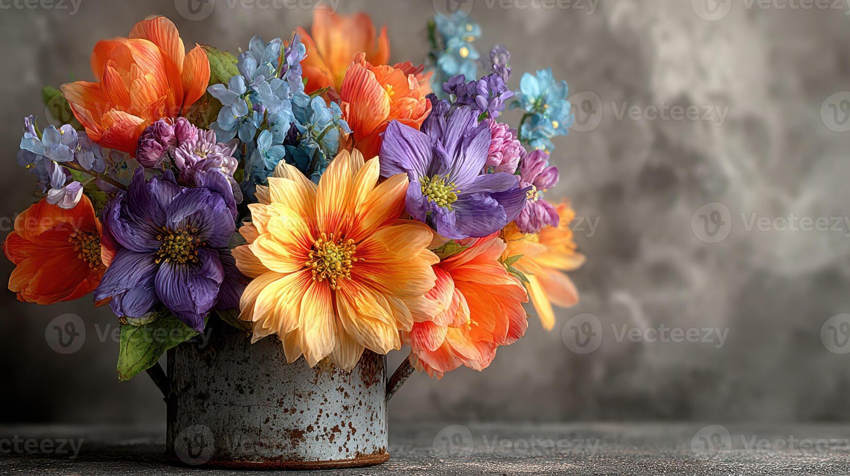 Colorful flower arrangement in a rustic vase on a textured background indoors photo