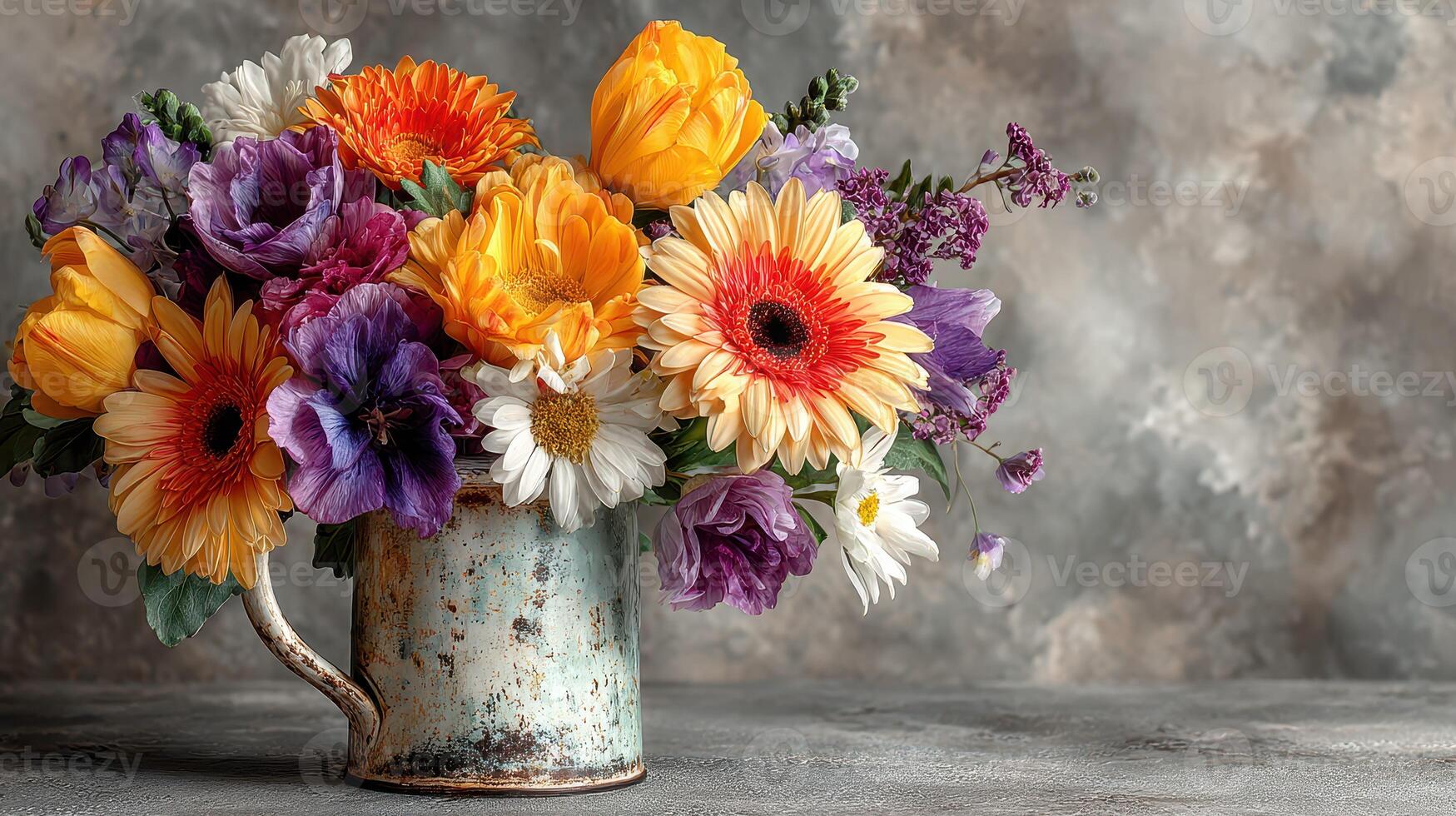 Brightly colored flower arrangement in a rustic vase on a textured background photo