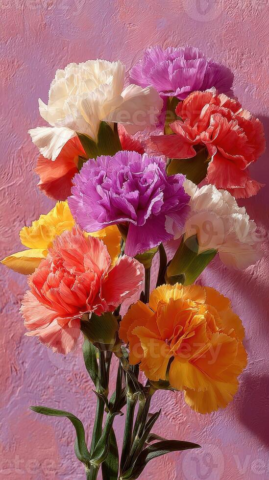 Colorful bouquet of carnations with various shades against a textured background in soft sunlight photo