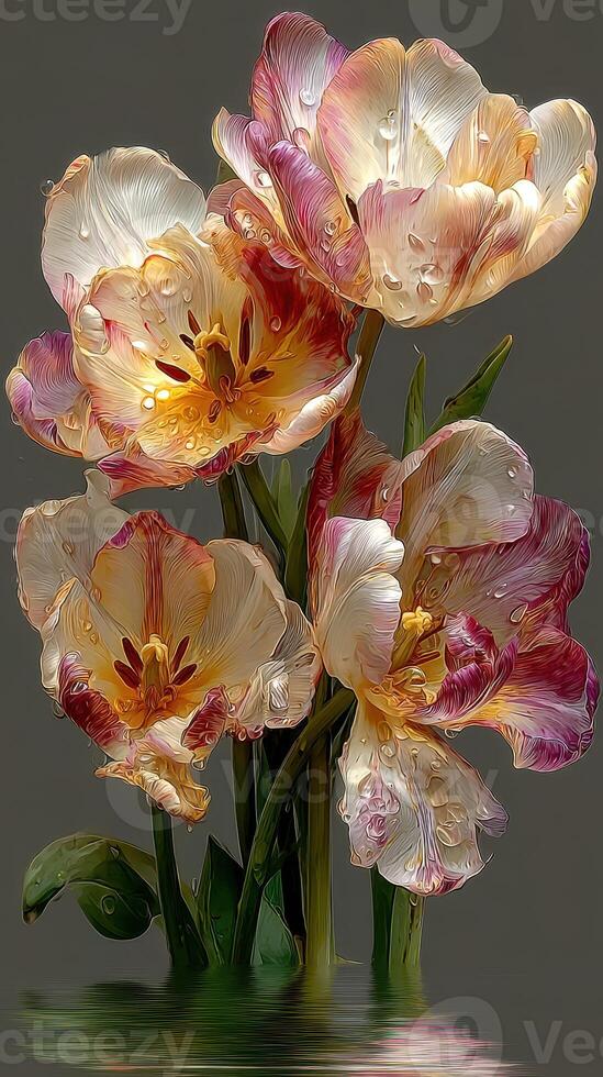 Vibrant tulips with droplets captured in a serene arrangement showcasing nature's beauty photo