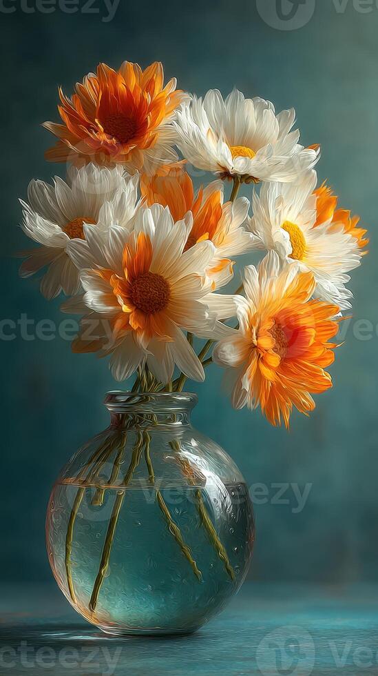 Bright orange and white daisies arranged elegantly in a clear glass vase with water on a soft blue background photo