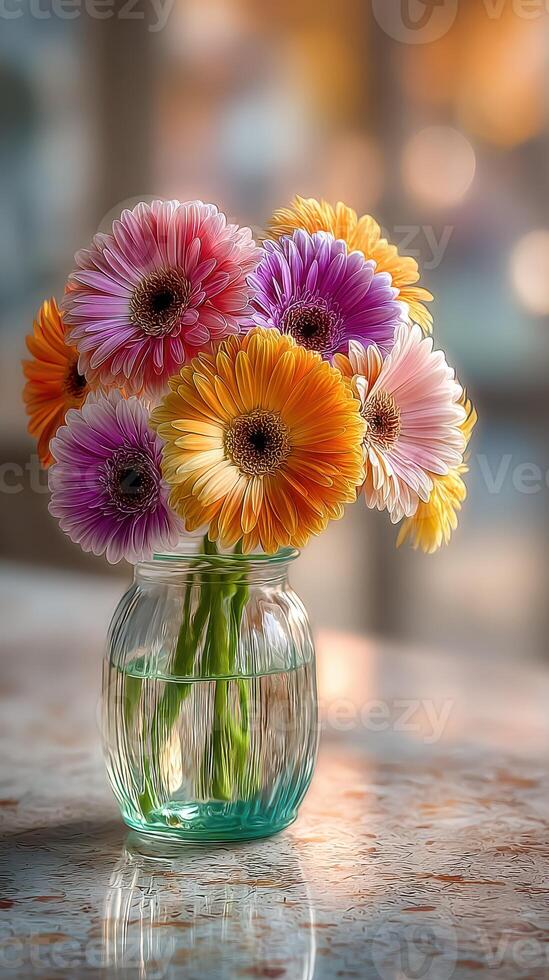 Colorful bouquet of gerbera daisies in a glass jar on a marble table with warm sunlight in the background photo