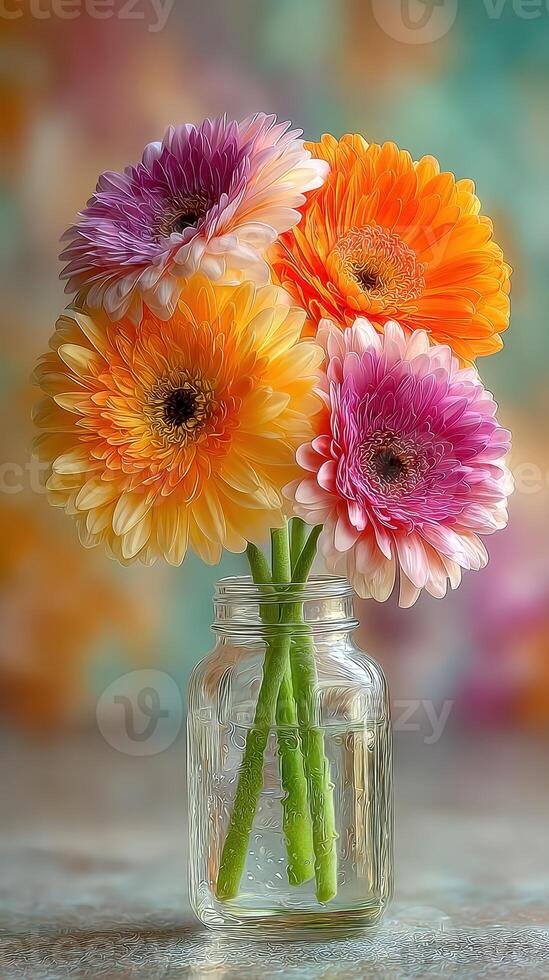 Bright and colorful gerbera daisies arranged in a glass jar for a cheerful floral display indoors photo