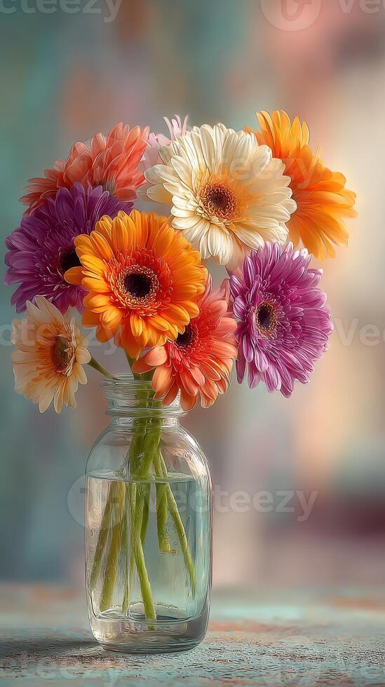 Colorful gerbera daisies in a glass jar create a vibrant centerpiece for any occasion in a softly blurred background photo