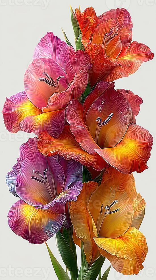 Colorful bouquet of gladiole flowers in vibrant hues on display photo