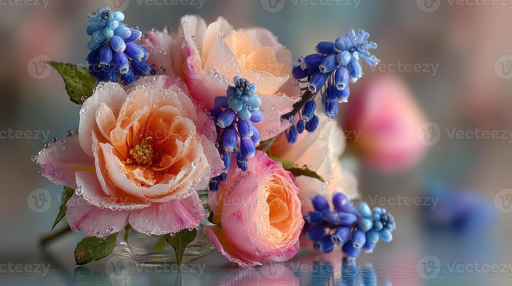 Beautiful arrangement of roses and blue flowers with raindrops reflecting light in a serene indoor setting photo