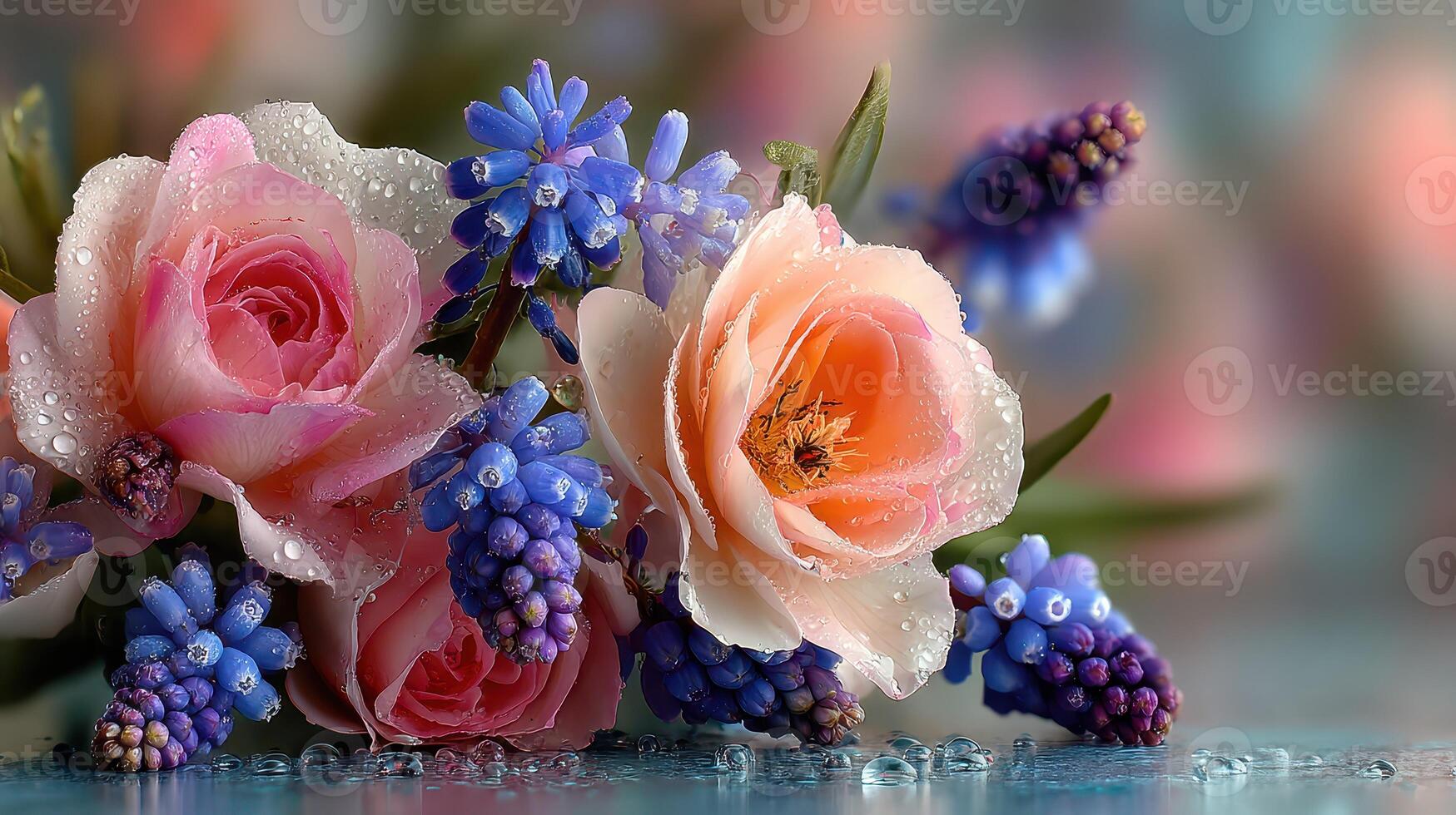 Colorful arrangement of fresh roses and blue flowers with droplets in a serene indoor setting photo